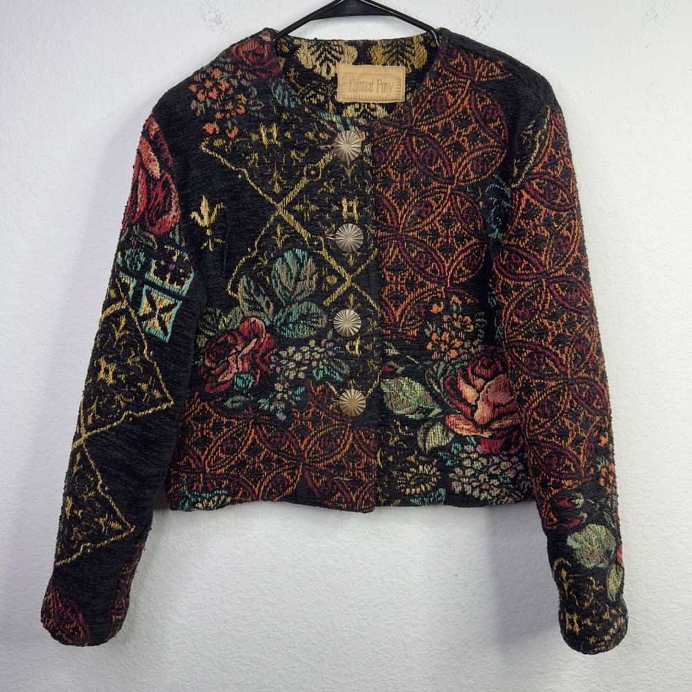 Vintage Painted Pony Tapestry Jacket‎ Womens M Black Floral Boho Cottage Granny